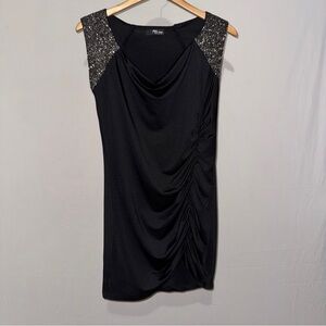 Jane Norman Black Mini Dress with Silver Sequin Shoulders Ruched Size 10‎
